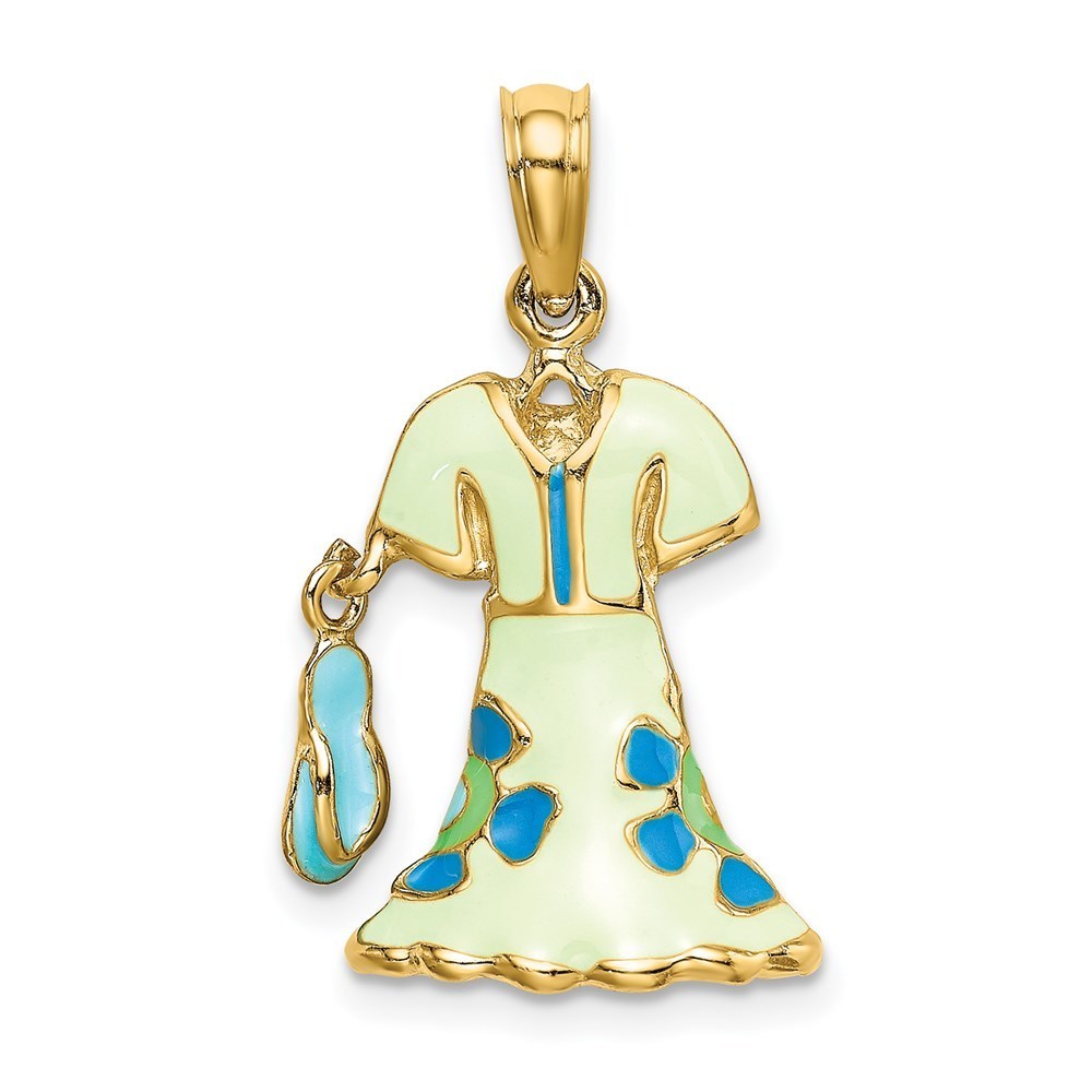 14k Yellow Gold 3-D Enamel Mint Floral Dress W Flip-Flop Necklace Pendant